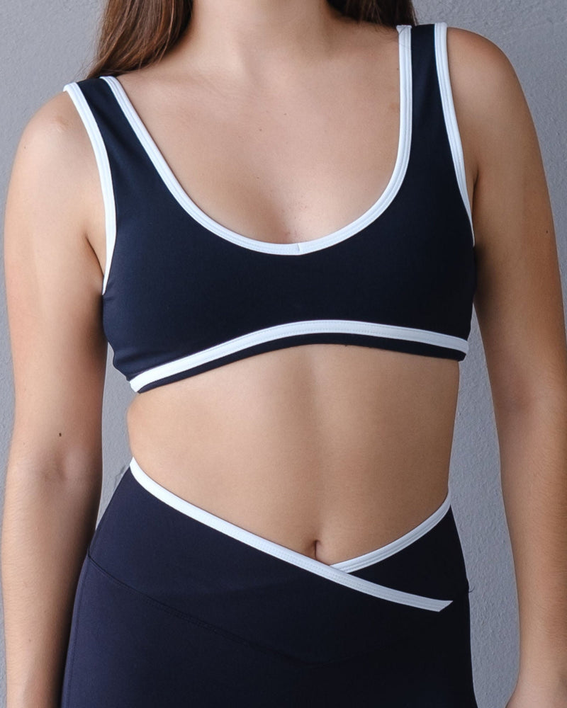V Neck Two Tone Sport Bra - Black