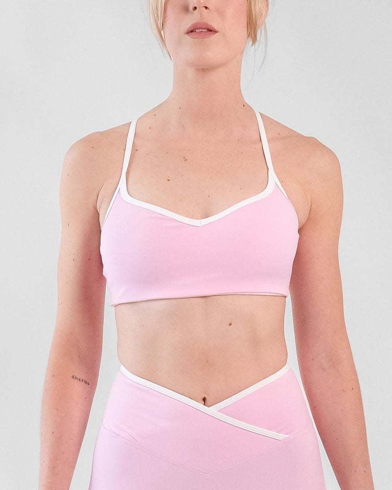 White Edge V Neck Sport Bra - Sakura Pink